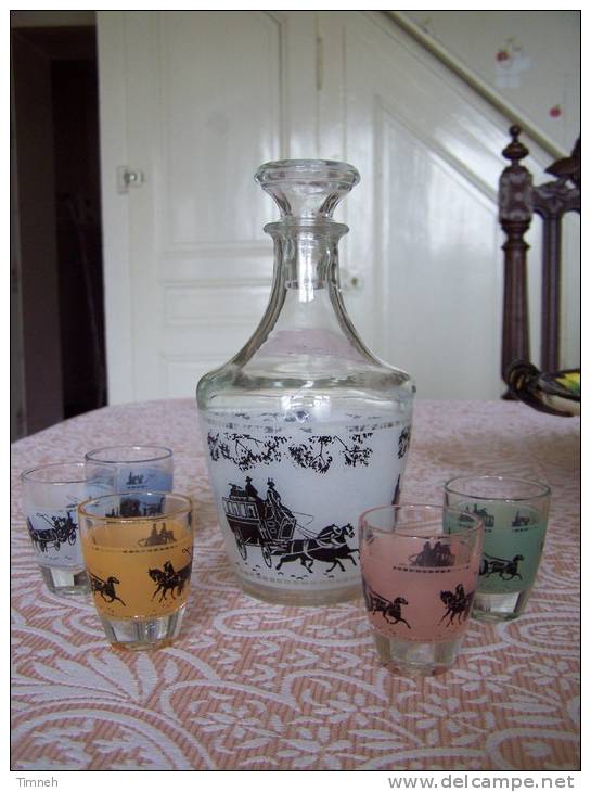 CARAFE à Liqueur VERRE FRANCE + 5 Petits Verres Couleurs Assortis - Sérigraphie ATTELAGE CHEVAUX - Carafes