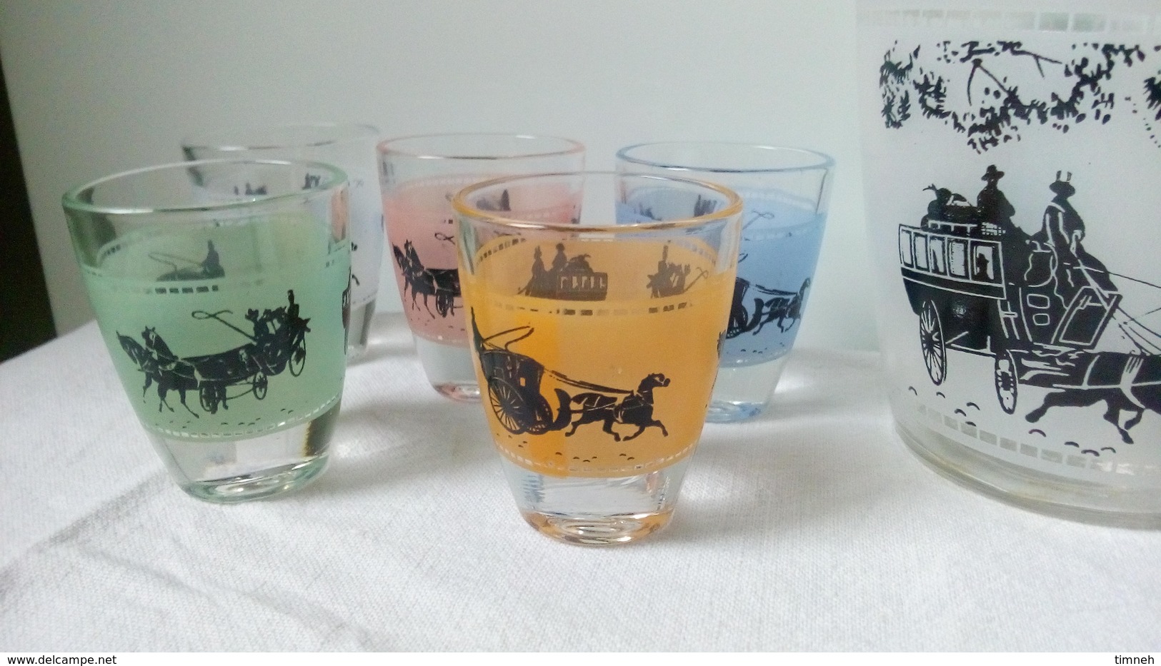 CARAFE à Liqueur VERRE FRANCE + 5 Petits Verres Couleurs Assortis - Sérigraphie ATTELAGE CHEVAUX - Caraffe