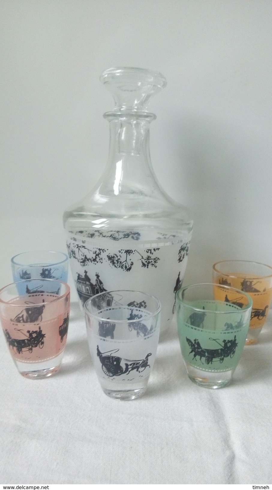 CARAFE à Liqueur VERRE FRANCE + 5 Petits Verres Couleurs Assortis - Sérigraphie ATTELAGE CHEVAUX - Caraffe