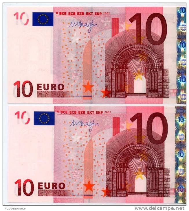 2 BANCONOTE DA 10 EURO A Firma M.. DRAGHI X GERMANIA E006.. + T IRLANDA K007.. UNC - 10 Euro