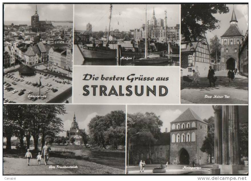 AK Stralsund, Leninplatz, Hafen, Küter Tor, Frankenteich, Kniepertor, Gel, 1977 - Stralsund