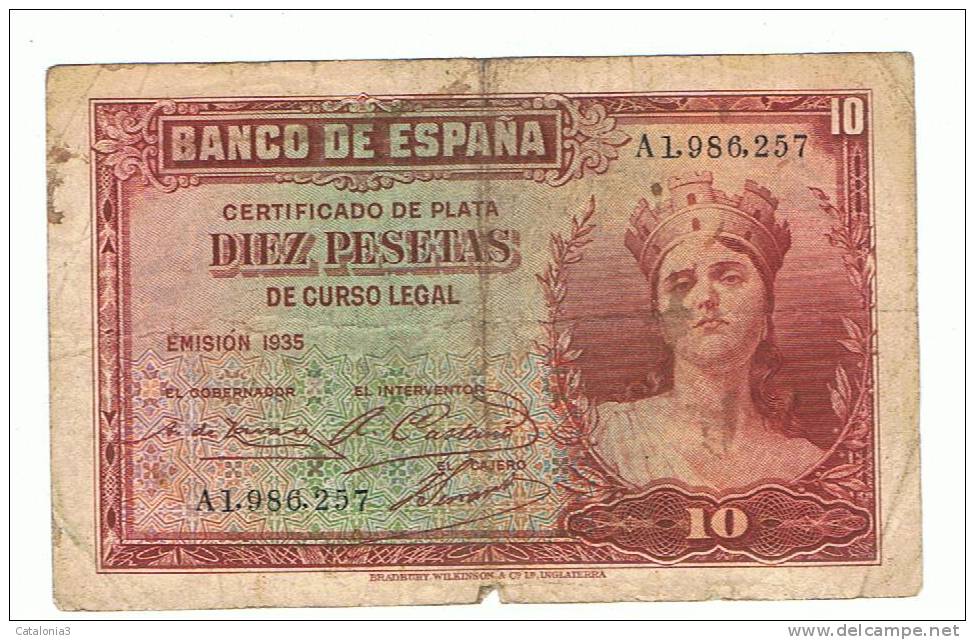 BILLETE ESPAÑA - 10 Pesetas  1935 - Otros & Sin Clasificación