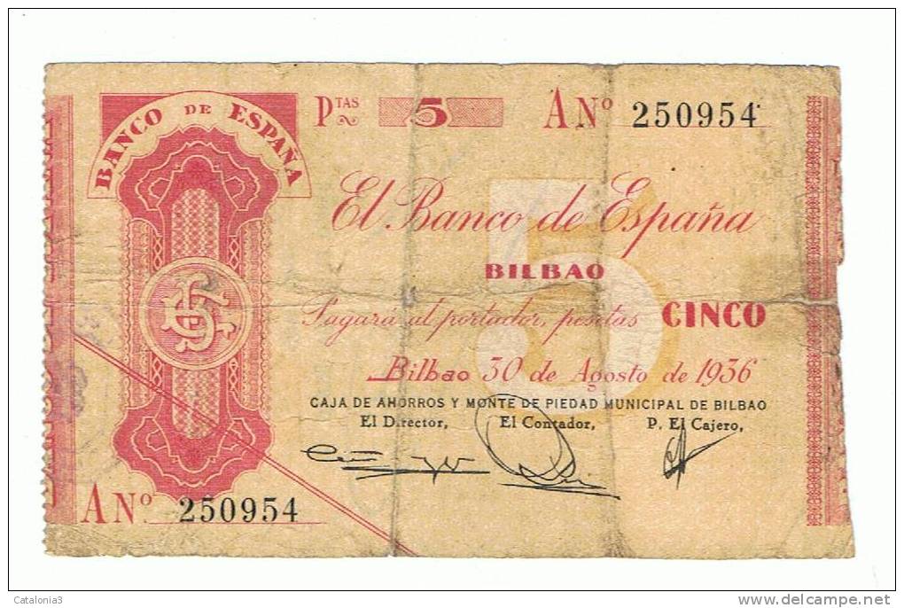 BILLETE ESPAÑA -  5  Pesetas  1936  BILBAO - Otros & Sin Clasificación