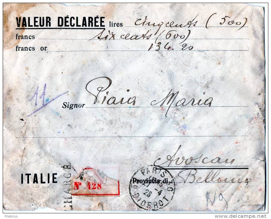 RARA BUSTA COMMERCIALE-BANCO DI CAMBIO-PARIGI-SPEDITA AD AVOSCAU-BELLUNO-SIGILLI DI CERALACCA-22-4-1926 - Storia Postale