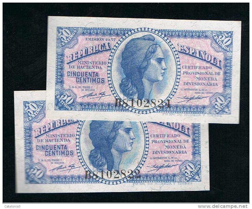 BILLETE ESPAÑA -  50 Centimos 1937  PAREJA  SC - Otros & Sin Clasificación