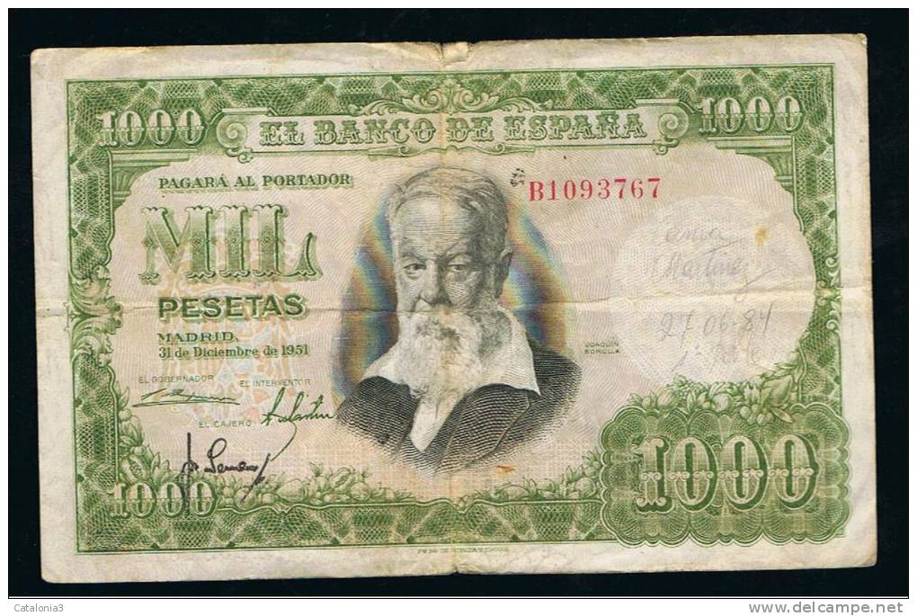 BILLETE ESPAÑA -  1000 Pesetas 1951 - Otros & Sin Clasificación