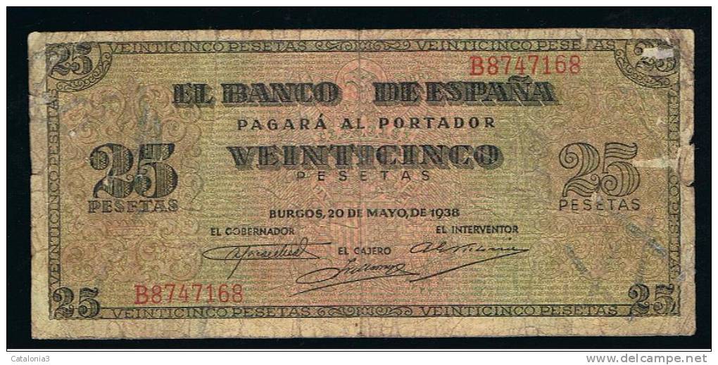 BILLETE ESPAÑA -  25 Pesetas 1938 - Otros & Sin Clasificación