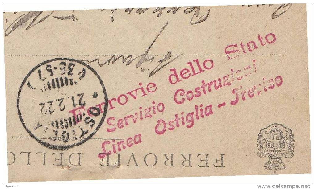 DC252-1922 Busta OSTIGLIA-VALSTAGNA Guller FRAZIONARIO Partenza+arrivo-timbro ROSSO FERROVIE SERVIZIO COSTRUZIONI LINEA - Marcophilie (Avions)