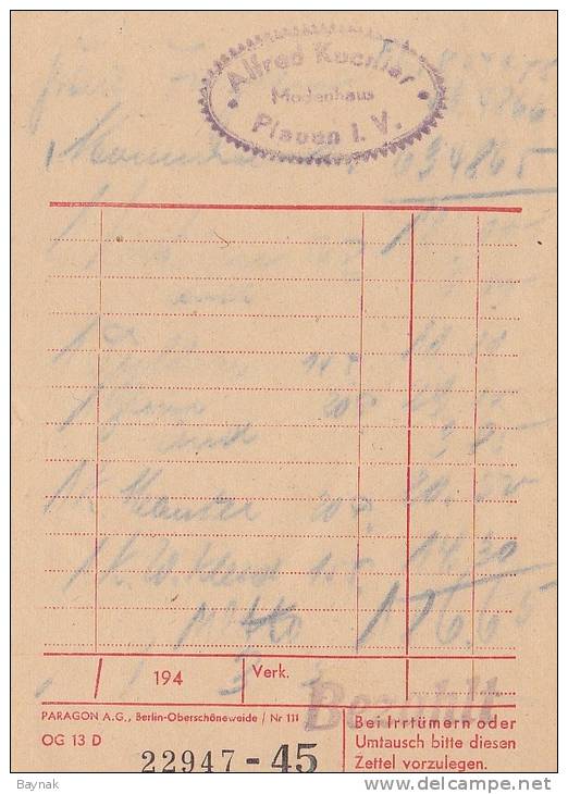 PLAUEN   -  2 X RECHNUNG  --  1943 - 1900 – 1949