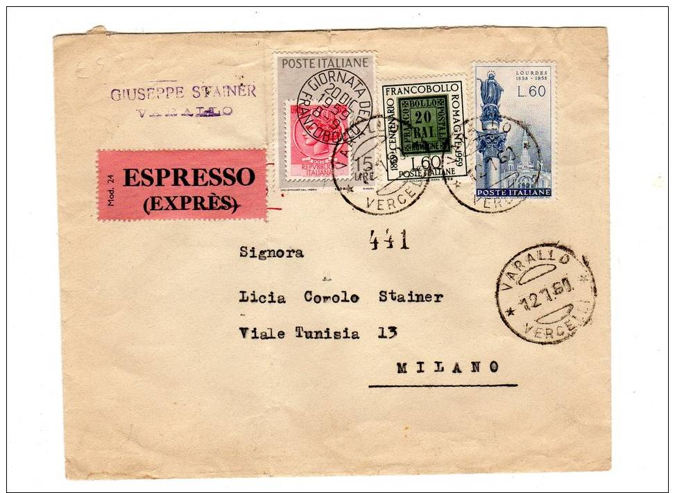 ITALIA 1960 ESPRESSO VARALLO>MILANO AFFR. TRICOLORE (B113) - 1946-60: Storia Postale