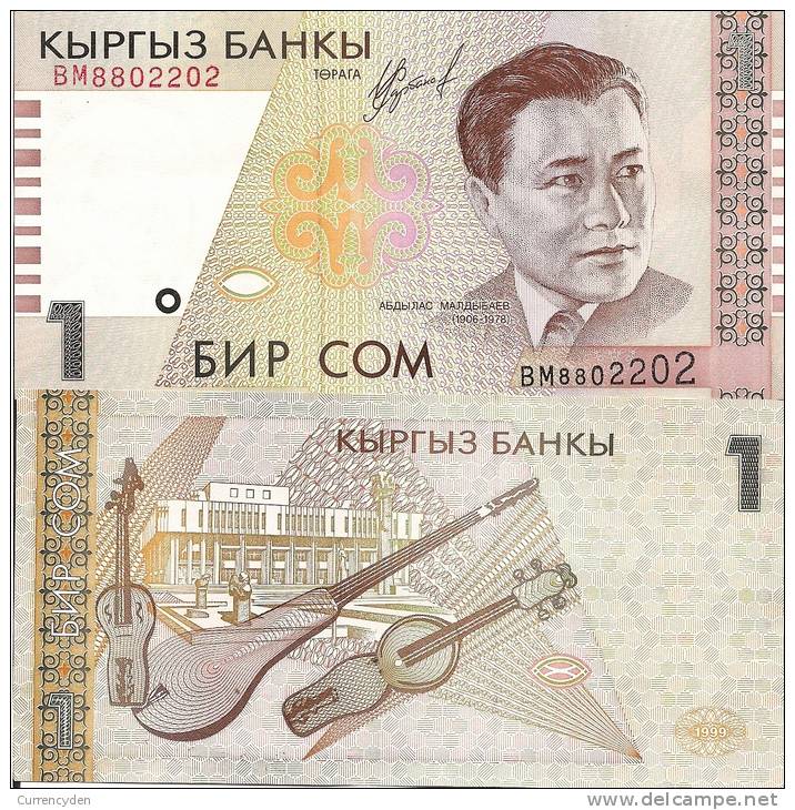 Kyrgyzstan P15, 1 Som, Musician A. Maldybayev / Stringed Instrument -colorful ! - Unclassified