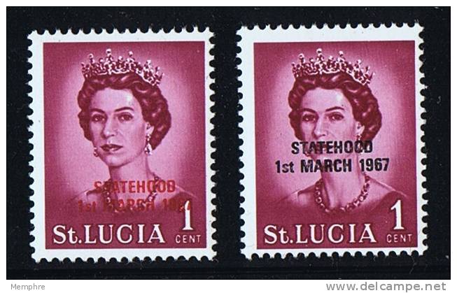 ST LUCIA Statehood Red &amp; Back Overprints On 1 Cent Definitive  Noted But Not Numbered In Scott &amp; Gibbons  MNH - Ste Lucie (...-1978)