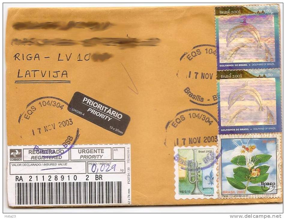 BRAZILIA  - LATVIA  Recomended Letter Dolphins ,flover, Music - Trompete 2003y - Lot- 234 - Poste Aérienne