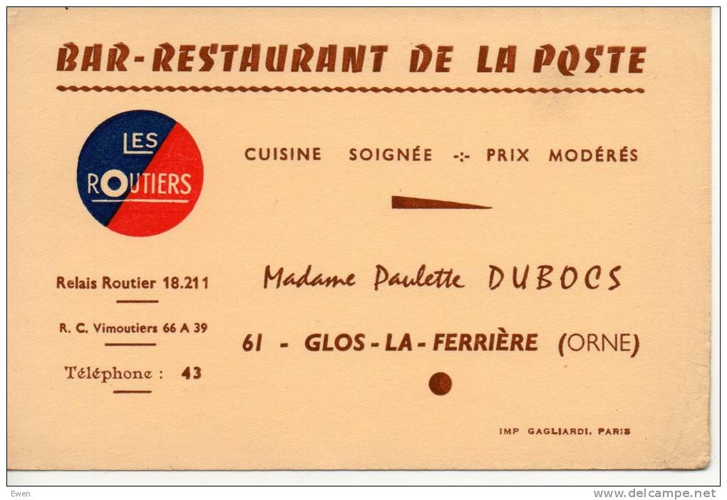 Carte Restaurant De La Poste à Glos-la-Ferrière (Orne) Années 60 - Tarjetas De Visita