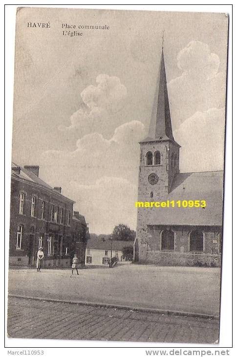 Havré - Place Communale Et L'église 1923 - Animée - Mons