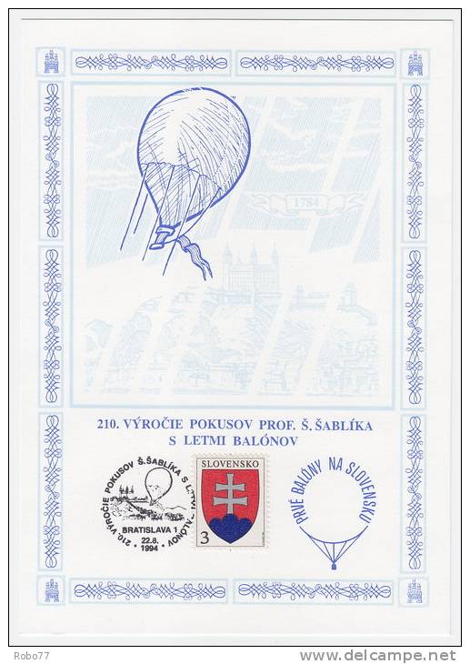 1994 Slovakia. Commemorative Print, Letter, Cover Stamps. Prof Sablik, Baloon.   (E03087) - Covers & Documents