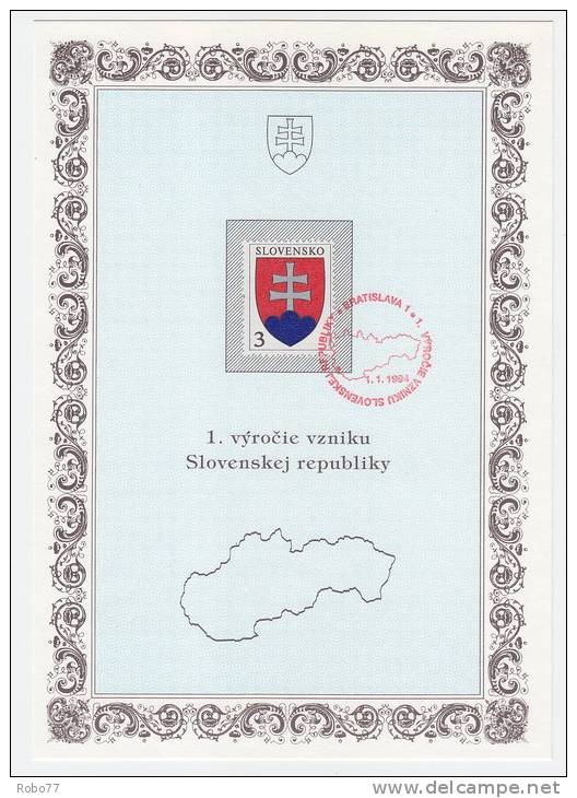 1994 Slovakia. Commemorative Print, Letter, Cover, Stamps. 1. Vyrocie Vzniku Slovenskej Republiky.  (E03088) - Brieven En Documenten