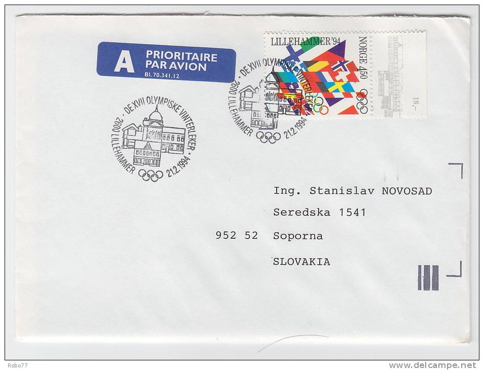 1994 Olympic Games, Winter 1994 Lillehammer Cover Sent To Slovakia. (V01367) - Inverno1994: Lillehammer