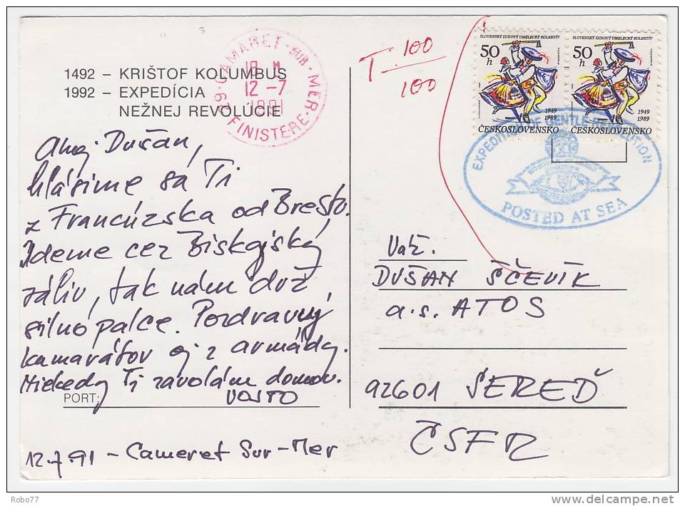 1991 Czechoslovakia Postcard, Stationery. Ship Mail Sent From France. Expedition De Gentle Revolution.  (N01058) - Cartes Postales