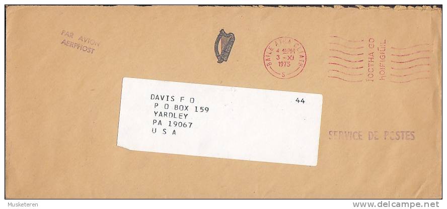 Ireland Airmail Aerphost BAILE ATHA CLIATH 1975 Slogan Cover To YARDLEY United States USA Service De Postes Line Cds. - Luchtpost