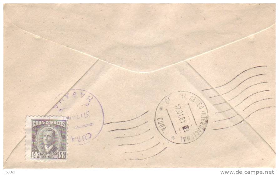 Lettre De Cuba Vers Montignies-lez-Lens Du 17/1/1981 Avec Timbres Espace Soyuz + Timbre 14c Serafin Sanchez Au Dos - Storia Postale