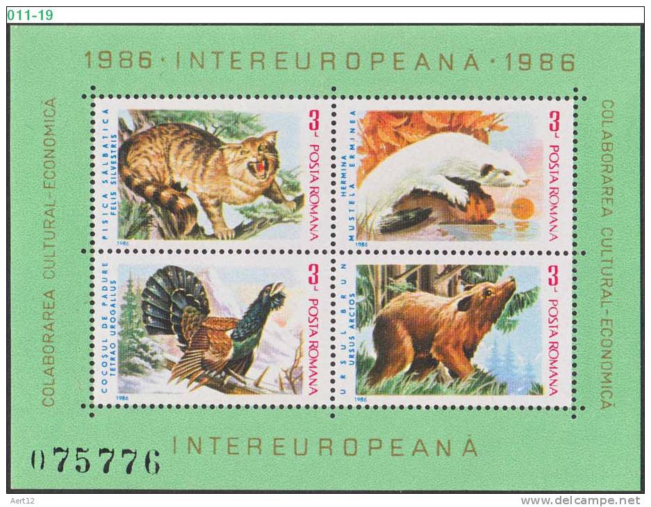 ROMANIA, 1986, Inter-European,  Fauna & Flora, 2 Sheets, 4 Stamps/sheet, MNH (**), Sc/Mi 3343-44 / Bl-223-24 - Unused Stamps