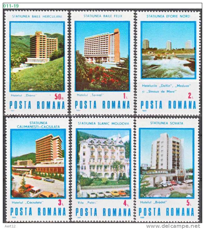 ROMANIA, 1986,  Spa Treatment Complexes, Modern Architecture, Health, MNH (**), Sc/Mi 3373-78 / 4253-58 - Thermalisme