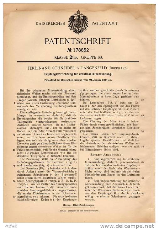 Original Patentschrift - F. Schneider In Langenfeld B. Mettmann , 1905, Drahtlose Minenzündung Für Krieg , Sprengung !!! - Documents