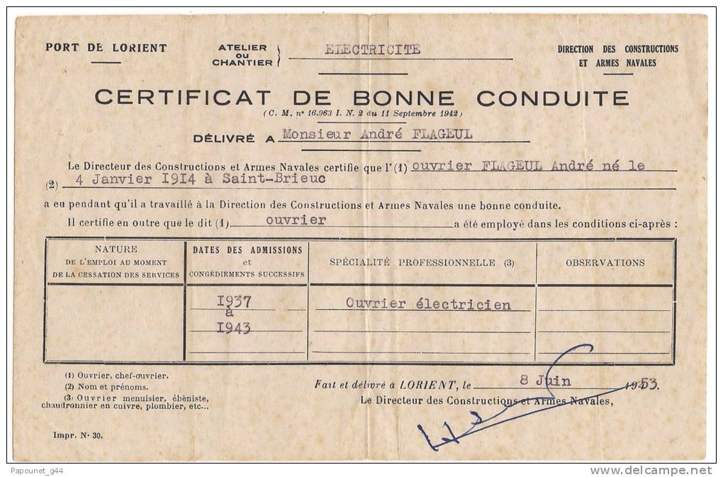 Port De Lorient Direction Des Constructions Et Armes Navales ( Certificat De Bonne Conduite 1953 ) - Diploma & School Reports