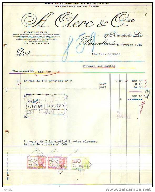 Bruxelles - 1946 - A. Clerc & Cie - Papeterie Spéciale Pour Le Commerce Et L'industrie - Druck & Papierwaren