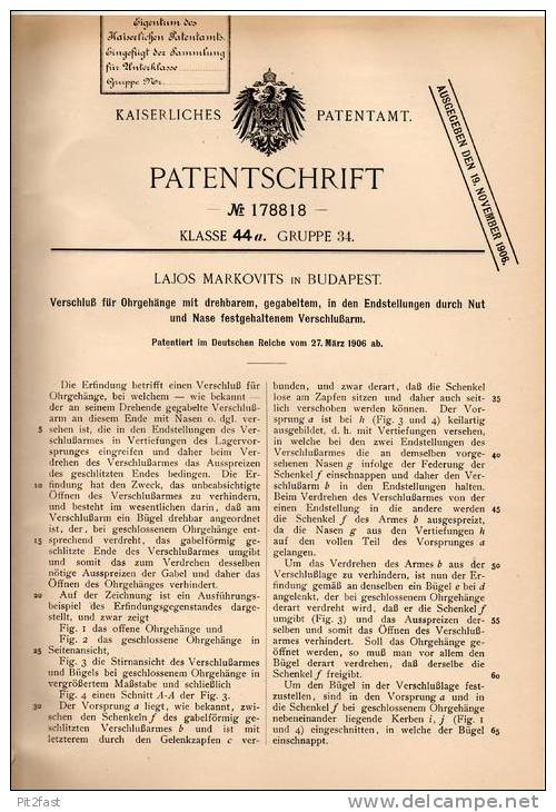 Original Patentschrift - L. Markovits In Budapest , 1906 , Ohrring - Verschluß , Ohrringe , Schmuck , Ohrschmuck !!! - Oorringen