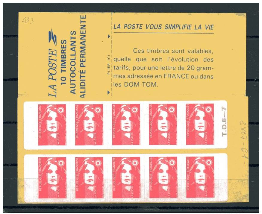 Carnet N° 2807-C1 -Marianne De Briat  SVF (  2,50 F  ) - Carnet De 10 Timbres Adhésifs,  N.D. ( VF 5,49 € ) - Altri & Non Classificati