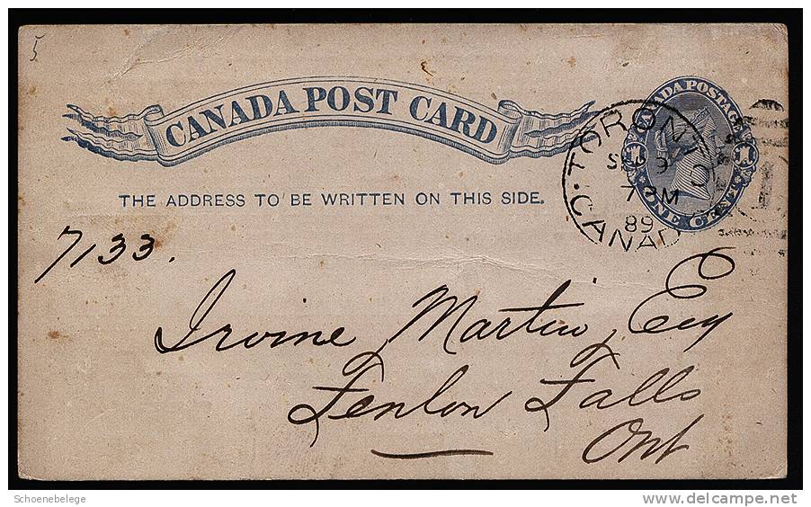 A1652) Canada Kanada Postcard From Toronto 9.9.1889 To Fenelon Falls - 1860-1899 Victoria