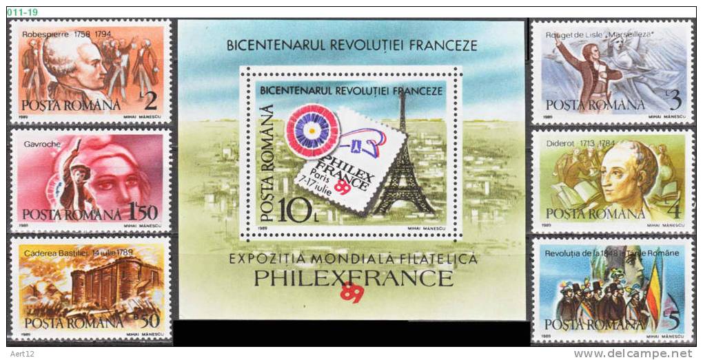 ROMANIA, 1989, Philatelic Exhibition, French Revolution, Bicent, 6 Stamps + Souvenir Sheet, MNH (**), Sc 3587-93 - Expositions Philatéliques