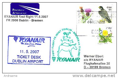 Erstflugpost - Ryanair - Dublin - Bremen - 11.05.2007 - Nebenstempel Mit Märchenmotiv - Tiere [dx68f] - Märchen, Sagen & Legenden