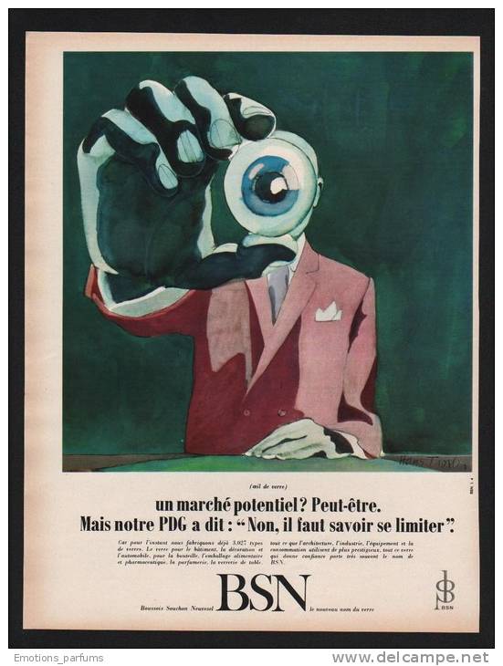 Pub Papier 1968 BSN Verre Boussois Souchon Neuvesel Dessin Homme Humour Oeil De Verre - Publicidad