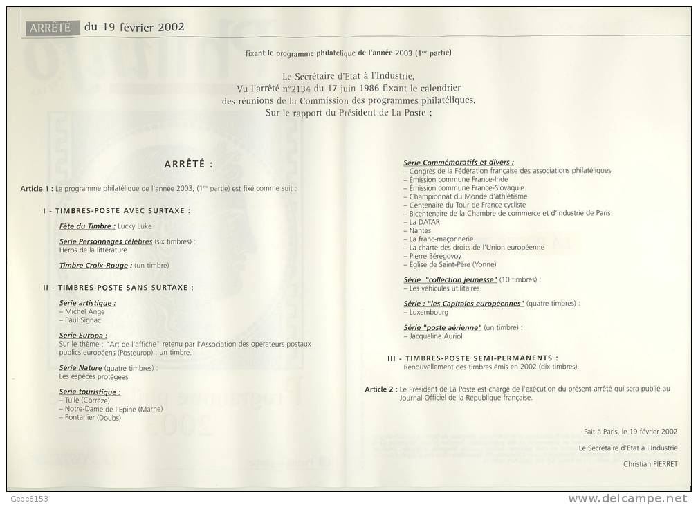 Programme Philatélique 2003 édité Par Philinfo (1ère Partie) - Documentos Del Correo