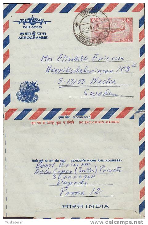 India Airmail Postal Stationery Ganzsache Entier Aerogramme POONA 1970 Cover Brief To Sweden Rhinoceros Cachet - Corréo Aéreo
