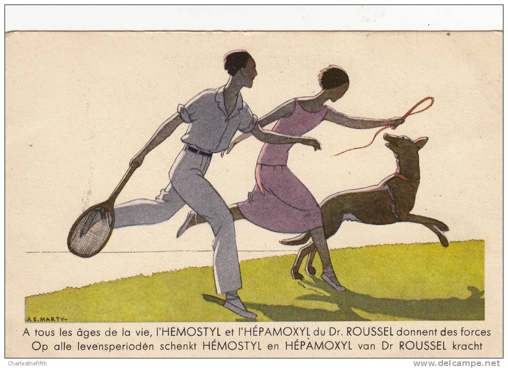 APRES LE TENNIS - CARTE ART DECO PUBLICITAIRE DE L'HEMOSTYL DU DOCTEUR ROUSSEL - Marty Design - Publicité