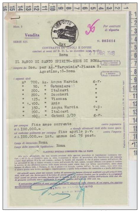 CONTRATTI DI TITOLI E DIVISE 1948 CON BOLLO LIRE OTTO BANCO SANTO SPIRITO - Altri & Non Classificati