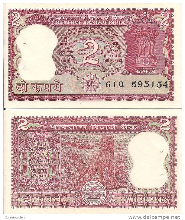 India P53Ae, 2 Rupees, Great Bengal Tiger $4+CV - India