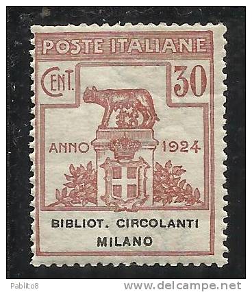 ITALIA REGNO 1924 PARASTATALI BIBLIOTECHE CIRCOLANTI MILANO CENT. 30 MNH - Portofreiheit