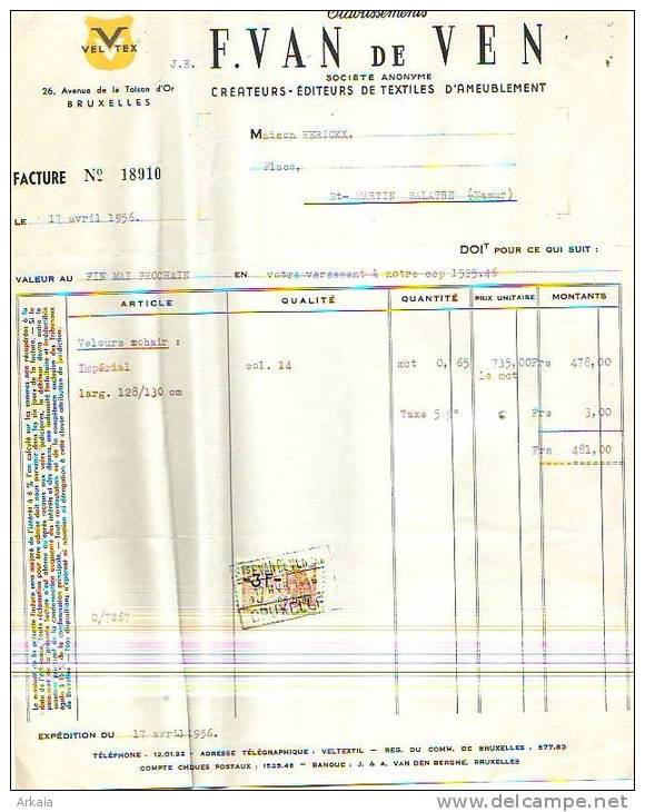 Bruxelles - 1956 - Etablissements F. Van De Ven S.A. - Créateurs-éditeurs De Textiles - Vestiario & Tessile