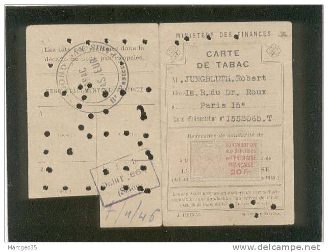 Carte De Tabac Avec Timbre Contribution Aux Dépenses De L'entraide Française 20 Fr. - Documents Historiques