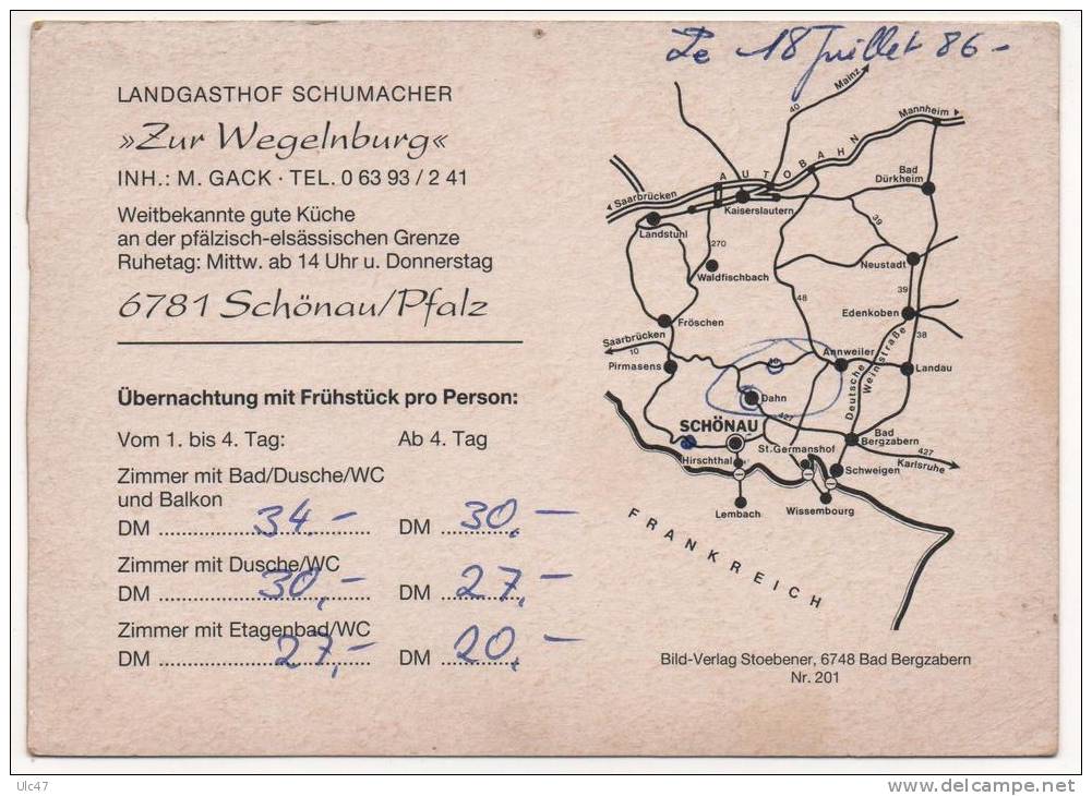 - Pfätz. - Elsäss. Grenze - LANDGASTHOF SCHUMACHER "Zur Wegelnburg" 6781 Schönau/Pfalz - Scan Verso - - Dahn