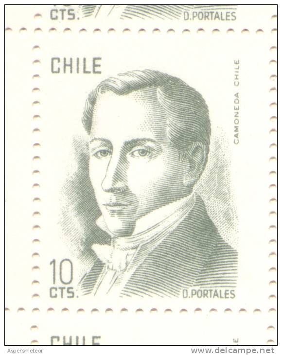 DIEGO PORTALES AÑO 1976 DENTADO 13,5 X 14,5 10 CENTAVOS OLIVA MNH TBE YVERT NR. 457 - Chile