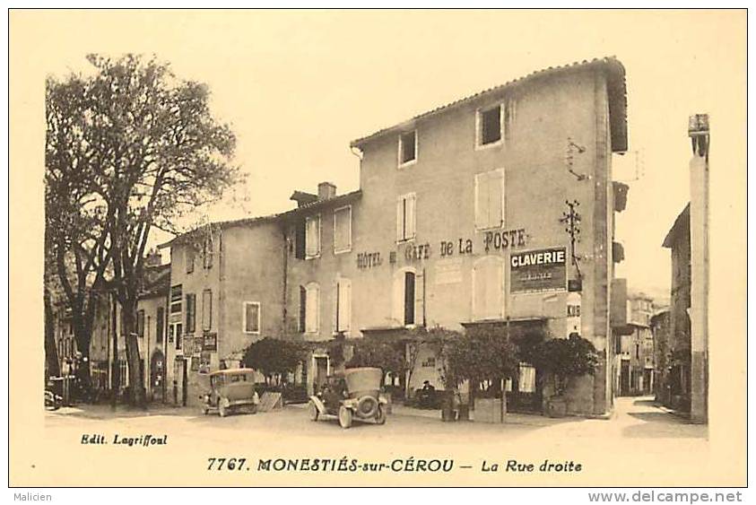 DEPTS DIV- Tarn - Ref -F904-monesties Sur Cerou -la Rue Droite - Hotel Et Cafe De La Poste   - Carte Bon Etat - - Monesties