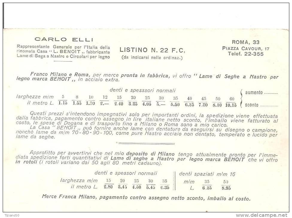 ROMA.LISTINO DELLA DITTA CARLO ELLI.LAME DI SEGHEA NASTRO.-FP-A 1397 - Otros & Sin Clasificación