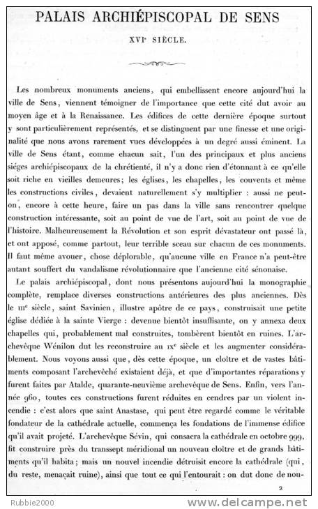 PALAIS ARCHIEPISCOPAL DE SENS 1867 YONNE PAR CLAUDE SAUVAGEOT TEXTE ET 14 PLANCHES ARCHITECTURE - Architectuur