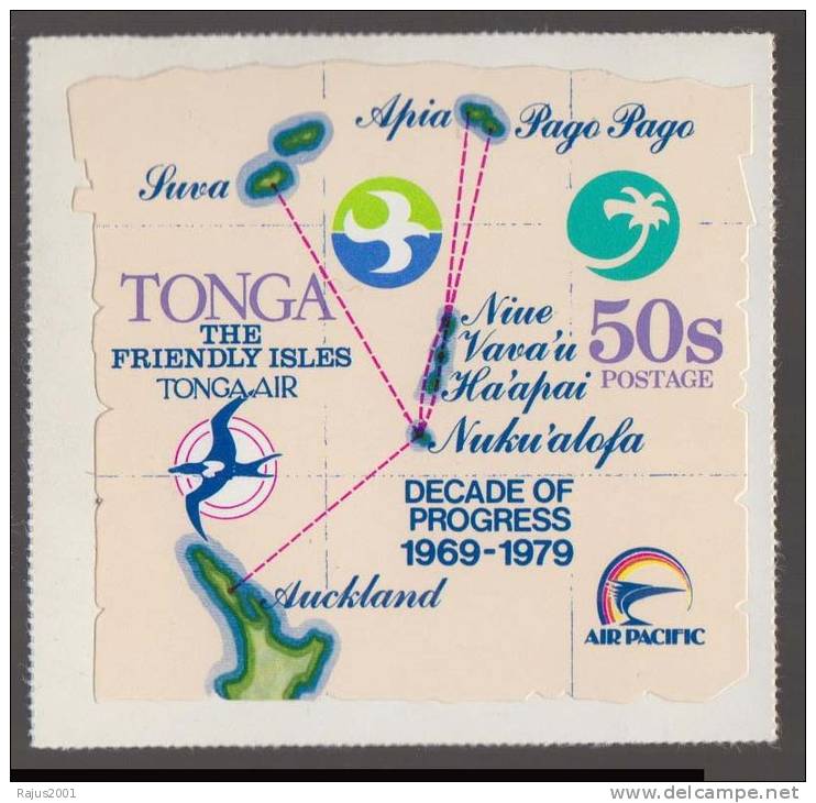 Unusual / ODD, Air Route To Auckland Suva  Apia Pago Pago Map, Flag, Decade Of Progress Self-adhesive MNH Tonga - Tonga (1970-...)